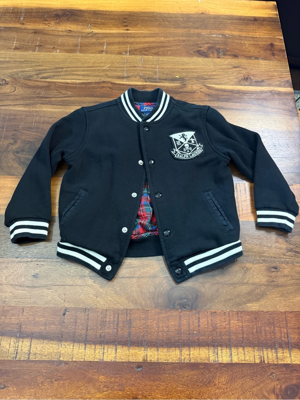Polo Ralph Lauren Boys Size 5 Black Varsity Jacket Skull Crest Plaid Lined